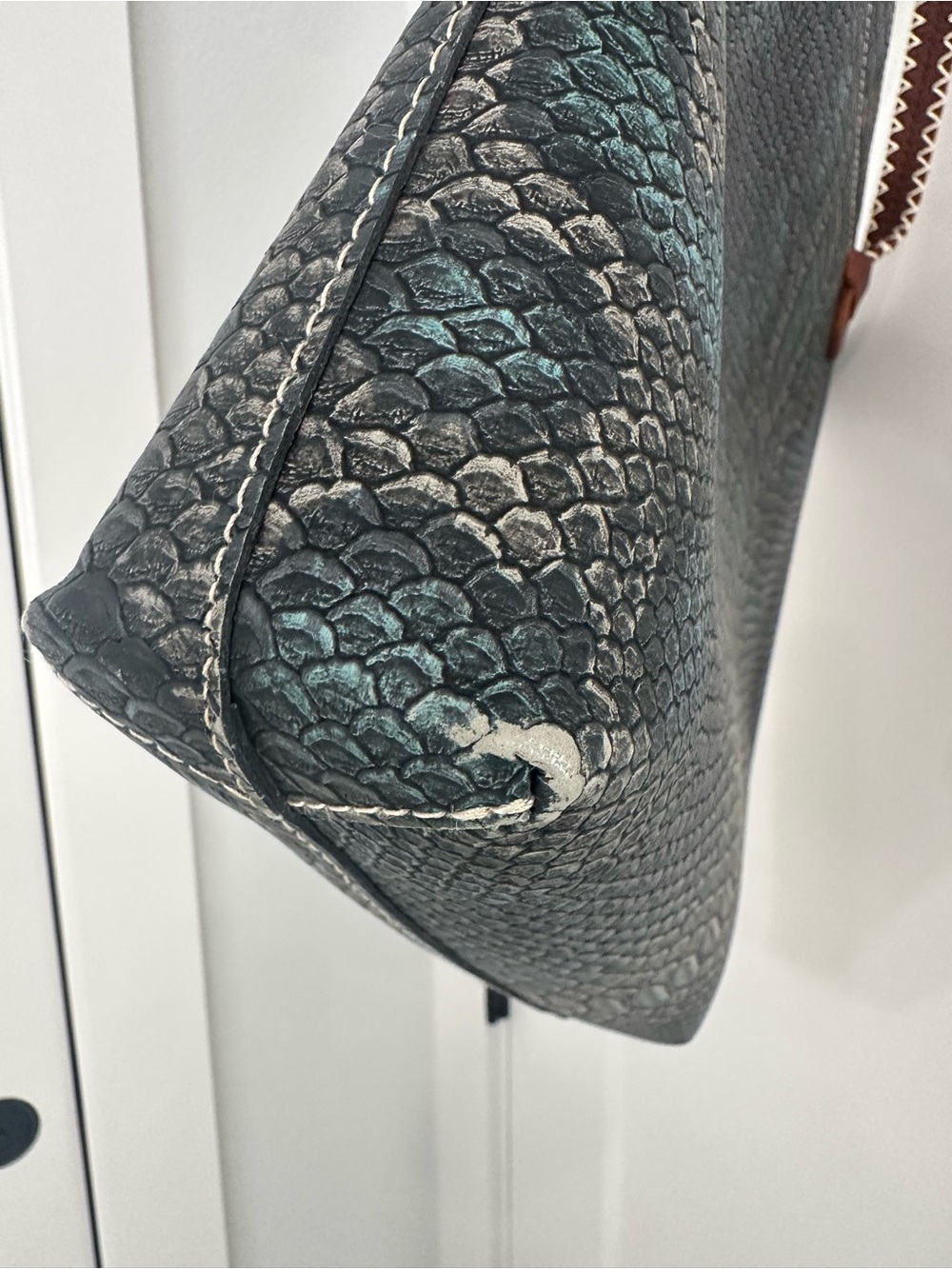 Consuela Teal Snake-Print Tote with Brown Handles - Picture 4 of 9